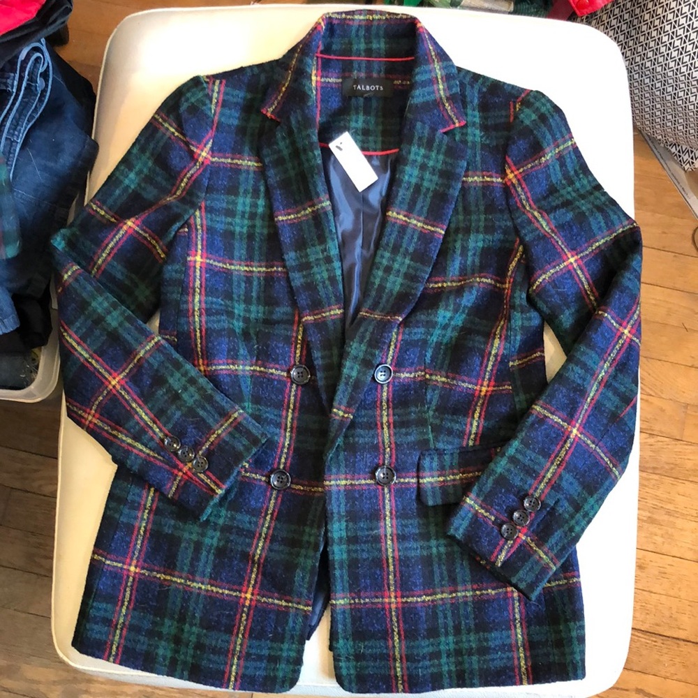 Talbots NWT blue/green/red/yellow plaid open front blazer